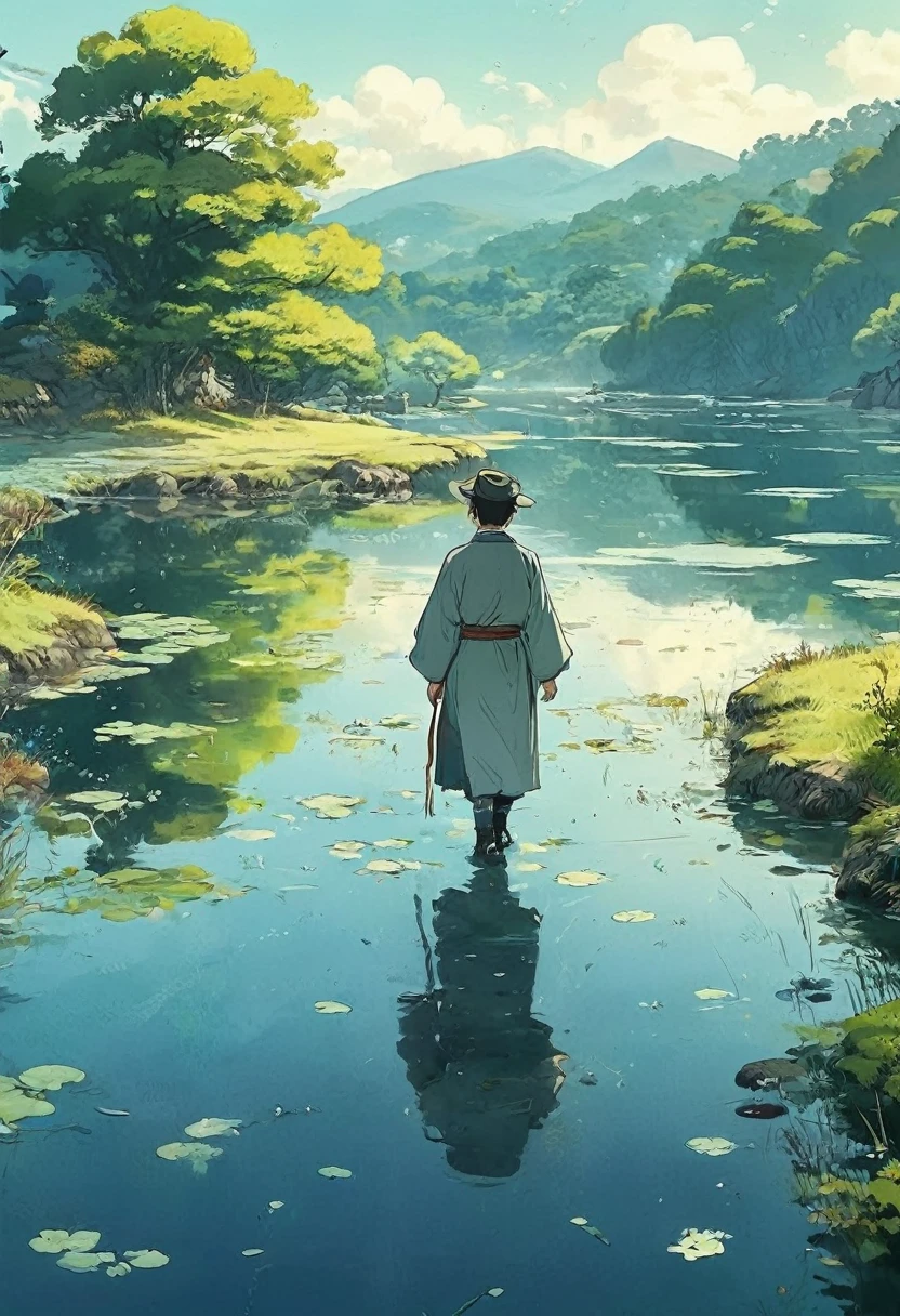 comics分镜:1.8, comics，cartoon，Storyboard，masterpiece, cartoon magician walks through large expanse of sea water, plum bossom, Flying snow，Mingyuechun's, Concept Art, lofi style style, reflection.  lofi style, Beautiful anime scene, Anime Landscape, landscape details — Width 672,  Enhance Details., 32K ，Ultra HD