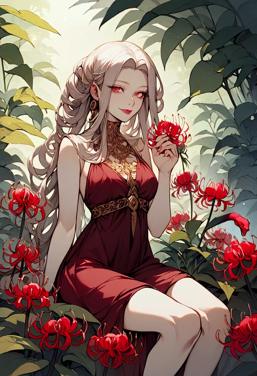 "detailed features" , "detailed eyes" , "1women, "medusa" , "snake hair" , "beautiful" , slit snake eyes" , "dangerous" , "Greek maroon dress", "lips slightly parted" , "full body" , "garden background" , "sitting in flowers" , "smelling a flower" , Smiling softly" , "spider lilies"