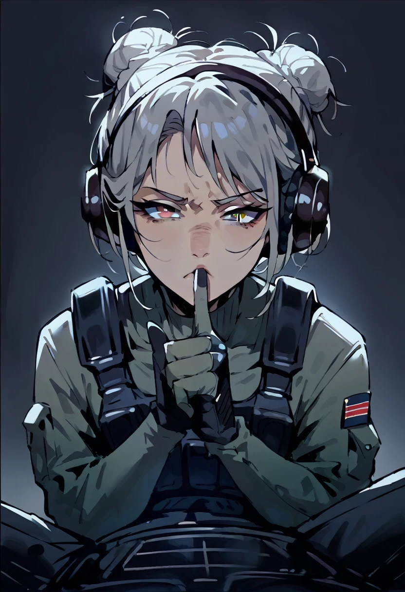 ow angle pov, cowgirl position, full body, shushing gesture, finger on mouth, asian older woman Special Ops in black tactical stealth suit, slight wrinkles. headphones, serious expression, one messy bun with grey hair, grey eyes, empty dark background
