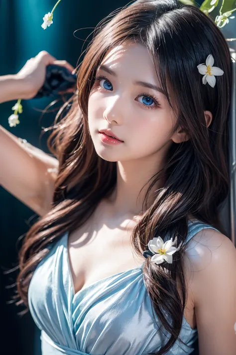 (on top of that),dynamic angle,very detailed, shape, direct, 1 person, (fantasy:1.4), (bright blue eyes:1.233),her eyes shone li...