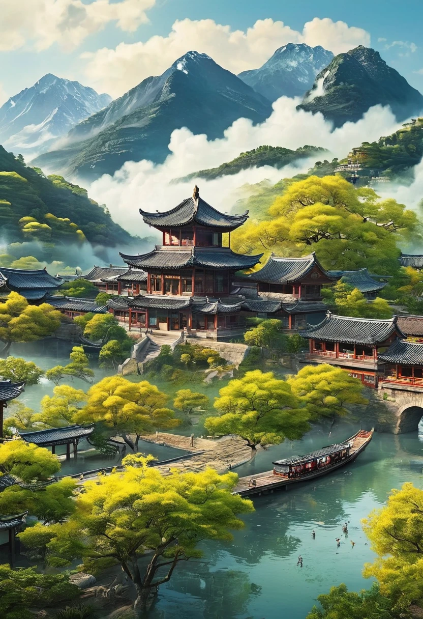 , plum bossom, Flying snow，Mingyuechun's, Beautiful anime scene, Anime Landscape, landscape details — Width 672,  Enhance Details., 32K ，Ultra HD，Classic Attic，Chinese style，中Chinese style，antiquity，No Characters，Pure landscape painting