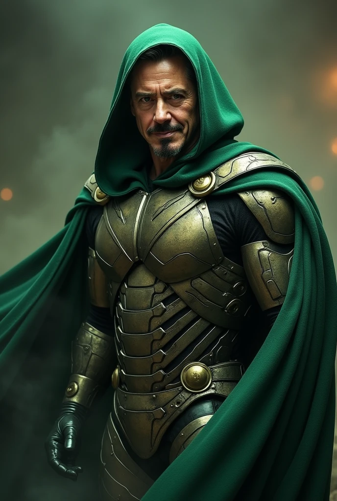 Iron man character Robert Downey Jr as Dr.doom,in a green cloak , metal armour,iron mask off,in villain getup , looking at the camera, after defeating the Avengers alliance,different profiles, smoky, dusty, dark mysterious background, ultra realistic, realism 16K,textured skin.