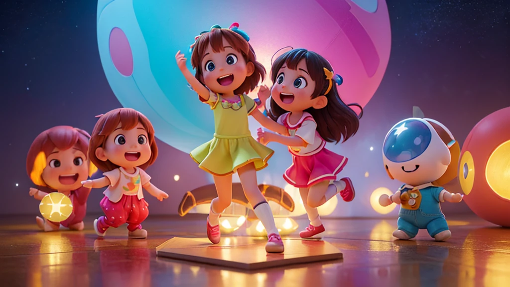 3 animated children, joyful expressions, playing with large shiny 3D numbers text 1 2 3, bright eyes, playful faces, cute, polished reflective numbers with soft glow, colorful gradient background with stars and balloons, cheerful vibrant atmosphere, warm colors, appealing, (best quality,4k,8k,highres,masterpiece:1.2),ultra-detailed,(realistic,photorealistic,photo-realistic:1.37),3D,illustration,digital art,soft lighting,vibrant colors,dynamic composition,whimsical,playful,magical