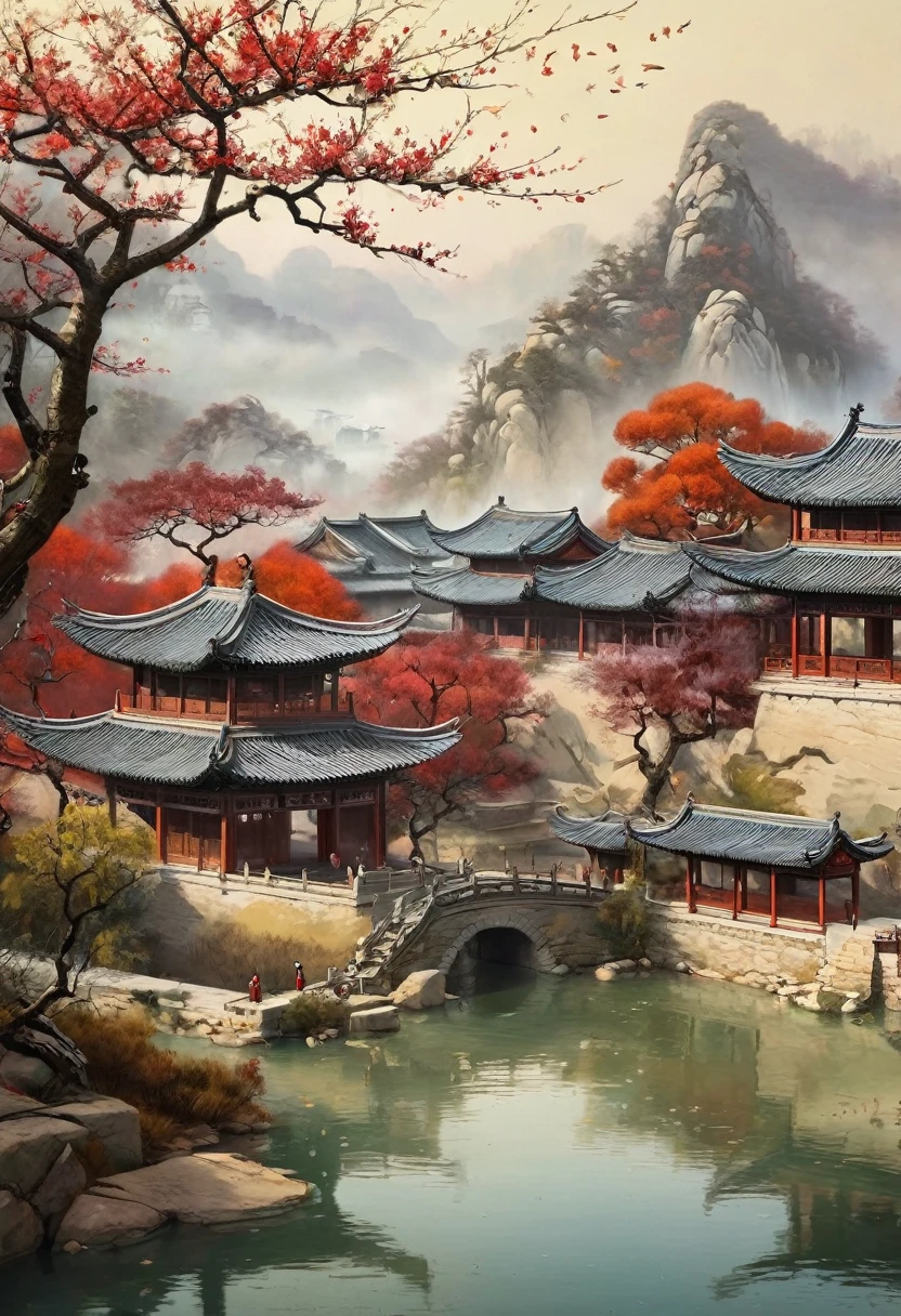 , plum bossom, Flying snow，Mingyuechun's,  landscape details — Width 672,  Enhance Details., 32K ，Ultra HD，Classic Attic，Chinese style，中Chinese style，antiquity，No Characters，Pure landscape painting