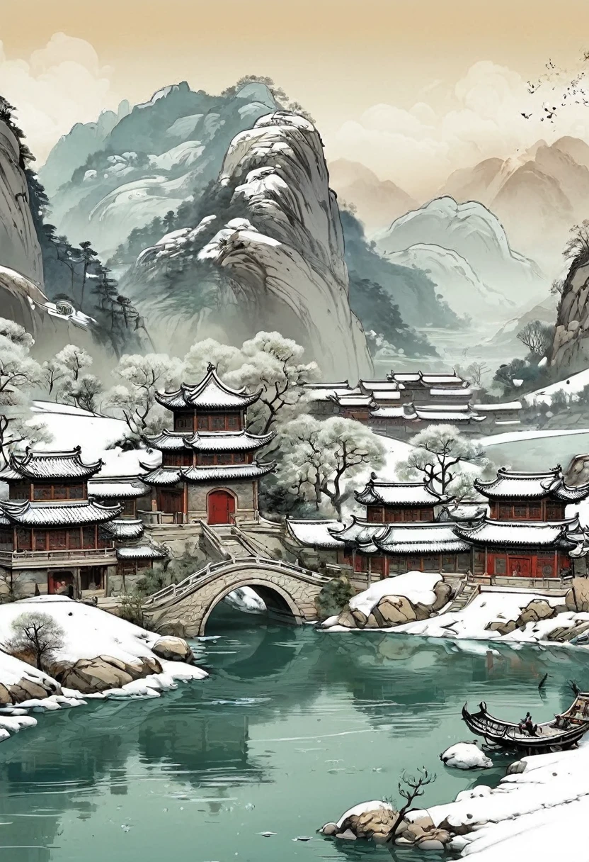 , plum bossom, Flying snow，Mingyuechun's,  landscape details — Width 672,  Enhance Details., Ink，comics，Ultra HD，Classic Attic，Chinese style，China，antiquity，No Characters，Pure landscape painting