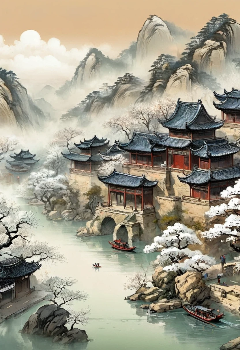 , plum bossom, Flying snow，Mingyuechun's,  landscape details — Width 672,  Enhance Details., Ink，comics，Ultra HD，Classic Attic，Chinese style，China，antiquity，No Characters，Pure landscape painting