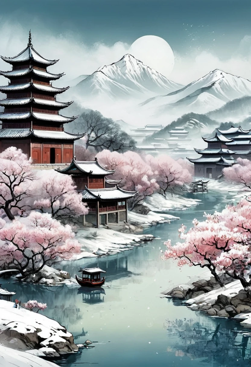 , plum bossom, Flying snow，Mingyuechun's,  landscape details — Width 672,  Enhance Details., Ink，comics，Ultra HD，Classic Attic，Chinese style，China，antiquity，No Characters，Pure landscape painting