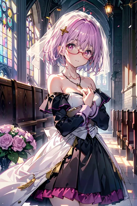 akaneshinjou, shinjou akane, light purple hair, (pink eyes:1.2), short hair,smile,red-rimmed glasses,blush,off-shoulder wedding ...