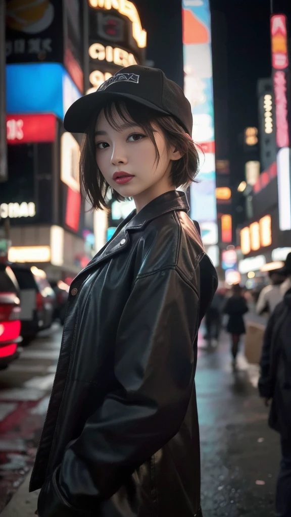 Beautiful woman medium hair, Wear a hat, 2024, New York City, Cyberpunk Short