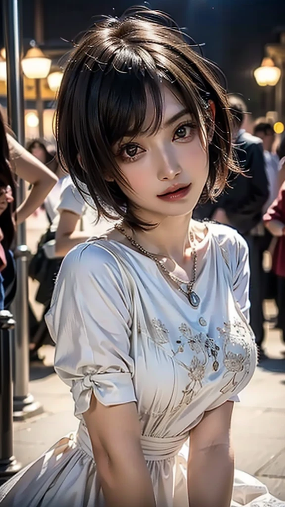 ((Beautiful Face:1.4)), (Purelos Face_v1: 1.0), Highest quality, One person, (Skin Dentition), (Natural Huge big breasts:1.0), (Blur the background:0.6), At a crowded amusement park, (Casual yet stylish, Elegant fabric,fローラl dress:1.5 ), nice, (short hair:1.5), Soft lighting, Wind, (Front light:1.5), surprised, 