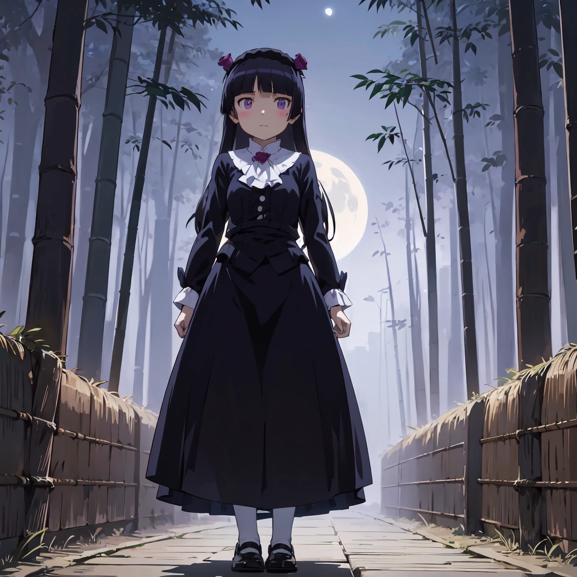 Standing in the bamboo forest, Moonlight shines in, full moon, Silence and mysticism, (ruri gokou), woman, alone, Hime cut, Long Hair, Gothic Lolita Fashion, head band, full body