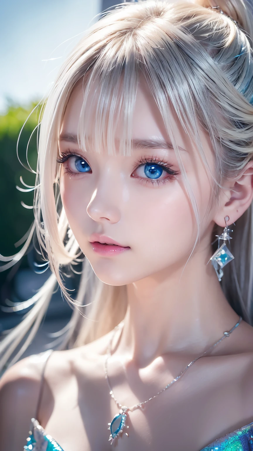 ((A rare beautiful girl))、14-year-old Scandinavian actress、blue eyes、((Detailed face))、Platinum Blonde、 Silky Hair、Straight Hair、ponytail、masterpiece、Bangs between the eyes、Hair above the eyes、片Hair above the eyes-顔の髪、Water Fairy、Blonde reflection、眩しいハイライトが入ったPlatinum Blondeの髪、Bright and shiny hair,、One small necklace、Small earrings、Slim body、Small Bust、Thin waist、Small hips、Slim legs、はにかんだsmile、Long Hair、((Attractive pose))、Natural Makeup、Pink Eyeshadow、Attractive big eyes、((blue eyes))、so beautiful, ((adorable and cute))、((Pure white skin texture))、Long eyelashes,  tooth, multicolor, Inner hair color,  Hair Clip, Mole under the eye, Incompatible students, Hollow Eyes, Hollow Eyes, Pupils dilate, Heart-shaped pupils, smile, Shadow, Anaglyph, Depth of written boundary, Motion Blur, Luminance, Color Field Painting, Anime Style, 8k, Super Detail, Highest quality, Ultra-high resolution, 8k、Background Bokashi、((Background iridescent color gradient))