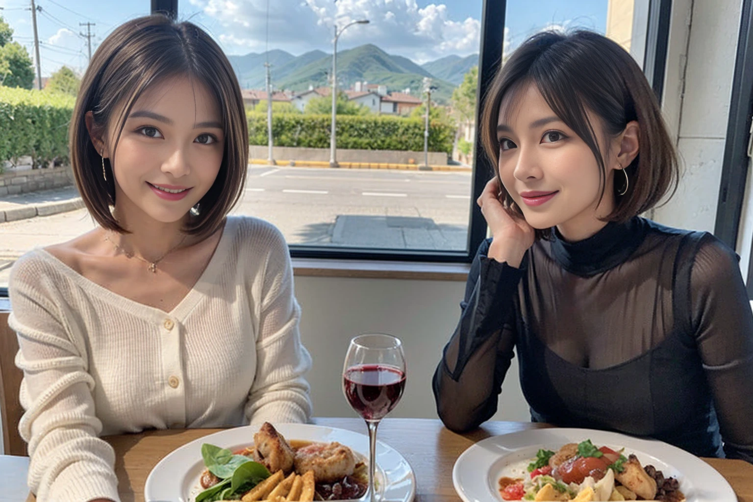 （Realistic:1.1）,(masterpiece,Highest quality)，8k,(49 years old), 53 years old, ベリーslimボディ、slimカップル、Tight waist,Upper Body,full-course dinner、wine 、Amazing view of the sunset sky and clouds、Perfect Anatomy, Brown Hair, short hair,Random Hairstyles,((Highly detailed face and eyes:1.2))，Perfect golden ratio face，Long sleeve shirt、dress,(smile:1.2)、Shortcuts、cute、(Realistic, Intricate details:1.2), A bright smile、short hair,Bright Face、赤wine 、Appetizers、Italian food、wine bottle、Champagne、スパークリングwine、(slimな顔), (The body is slim), (Brown Hair), (Shortcuts),  Upper Body, 白wine, slim, wineグラス, 