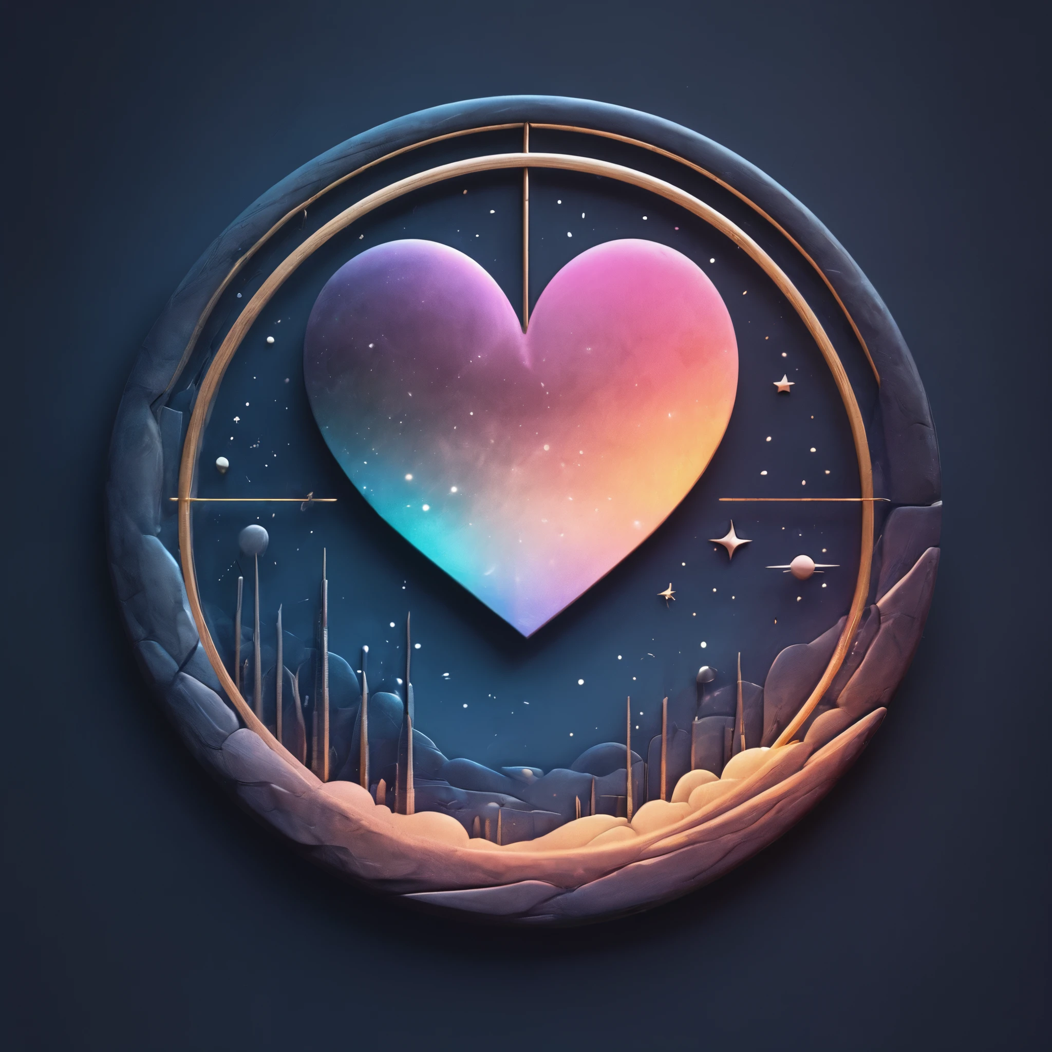 Heart-shaped fireworks.
Star-shaped lights sprinkled across the scene.
Moon floating in the summer night.
Large, stylish circular icon frame placed in the night sky.