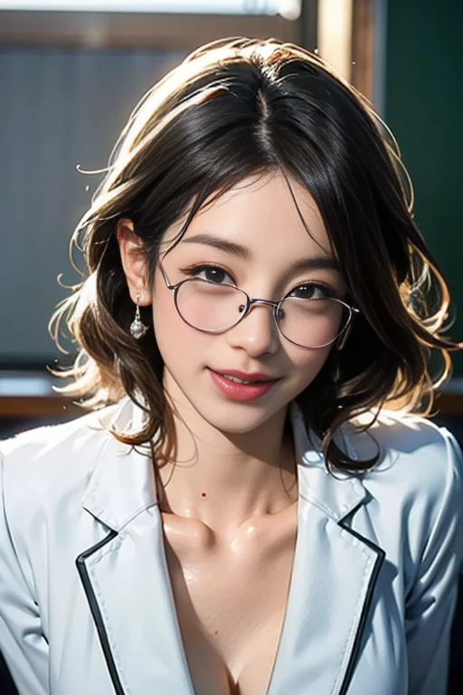 one japanese woman、(masterpiece:1.3), High resolution, Super detailed, Highly detailed CG Unity 8K wallpaper, realistic, photo-realistic, Raw photo, Beautiful and dense face,  realistic glistening skin, fine cloth texture, detailed hair texture, perfect style, beautiful face, Accurate, anatomically correct, Highly detailed face and skin texture, fine eyes, brown eyes, double eyelid, Glossy skin, (Fair skin:1.2), shiny necklace and earrings, (glossy lips: 1.4),  (classy and cute girl:1.3), (Random hairstyles for short hair and up hair, wavy hair, black hair), (enchanting smile:1.2、blush) (wearing an elegant business suit:1.3), (black stockings), big breasts, cleavage、 (in the school classroom:1.2), full body shot, Random age over 35, glasses, gigantic breasts, licking cream,nsfw,blow job,