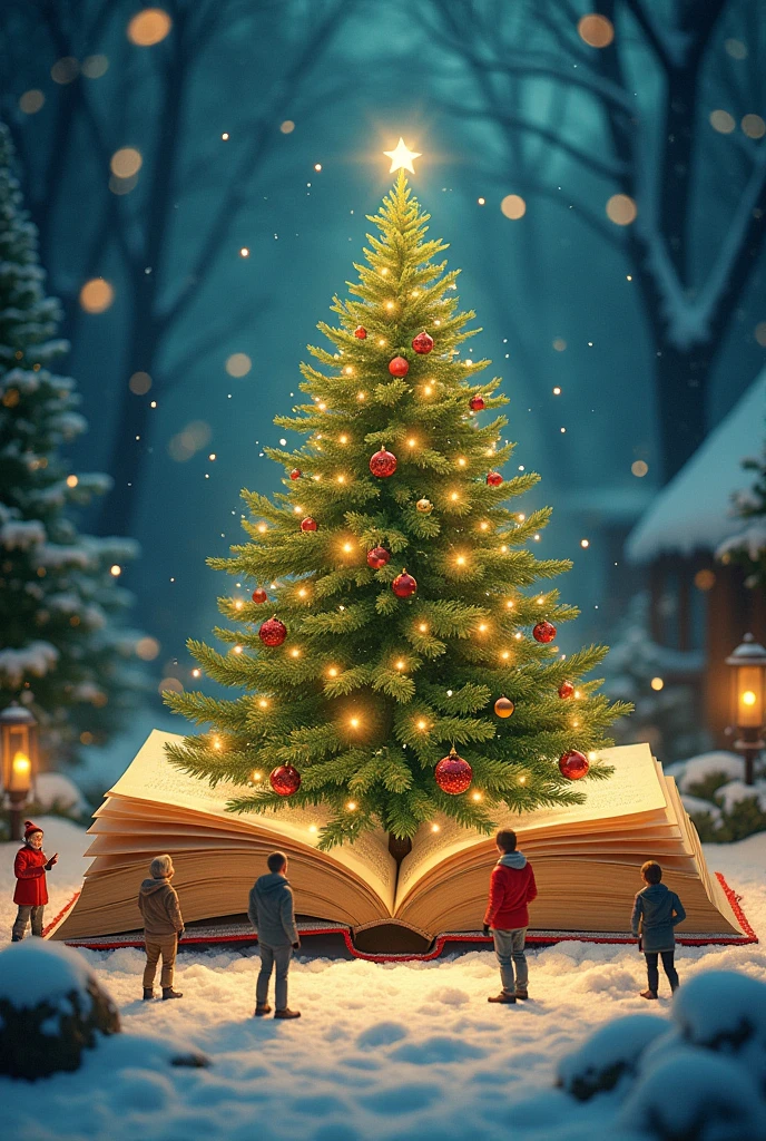 People removing Christmas trees from a book