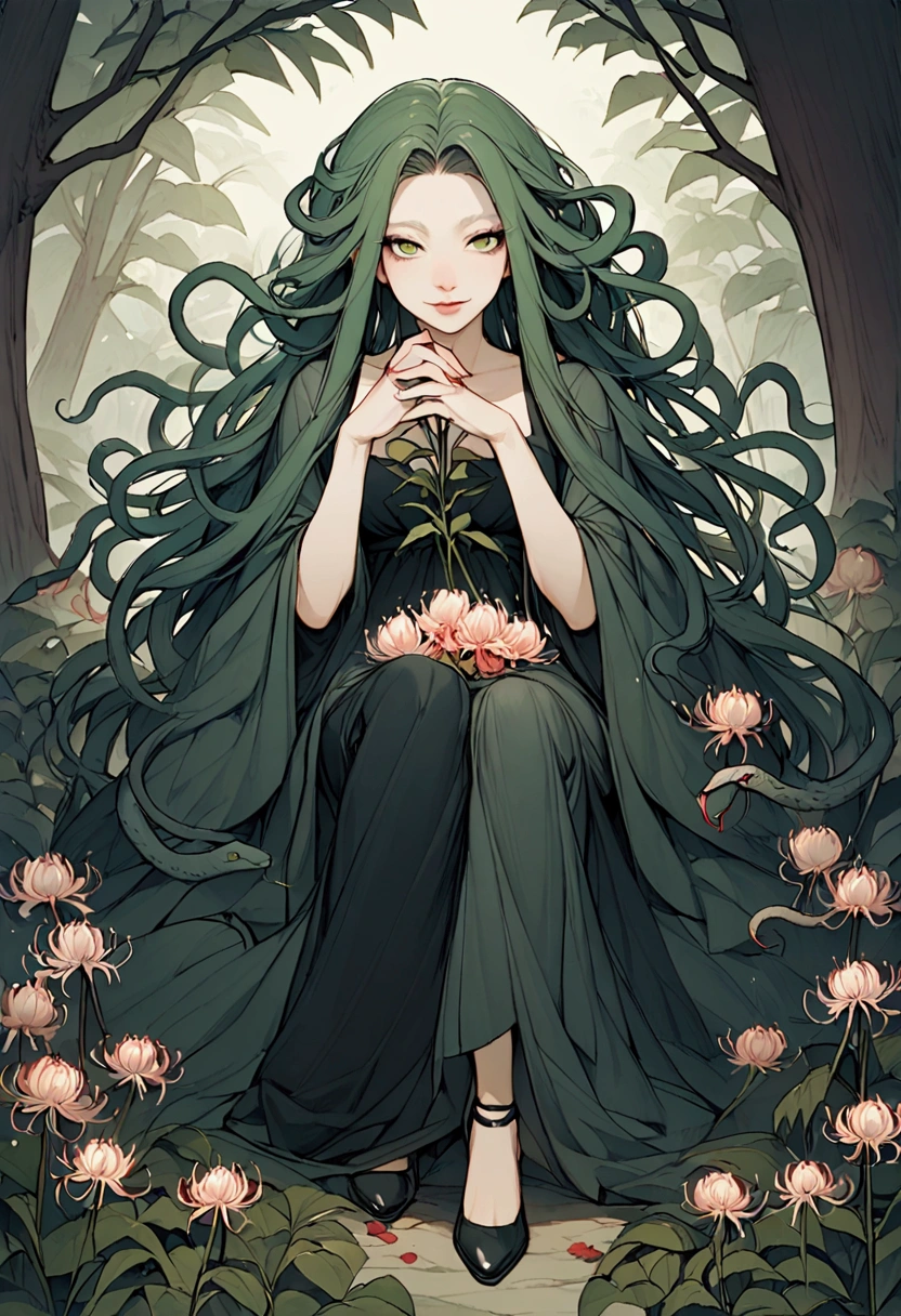 "detailed features" , "detailed eyes" , "1women, "medusa" , "snake hair" , "beautiful" , slit snake eyes" , "dangerous" , "Greek black dress", "lips slightly parted" , "full body" , "garden background" , "sitting in flowers" , "smelling a flower" , Smiling softly" , "spider lilies" , "black mamba snakes in hair" , "dark green dress"