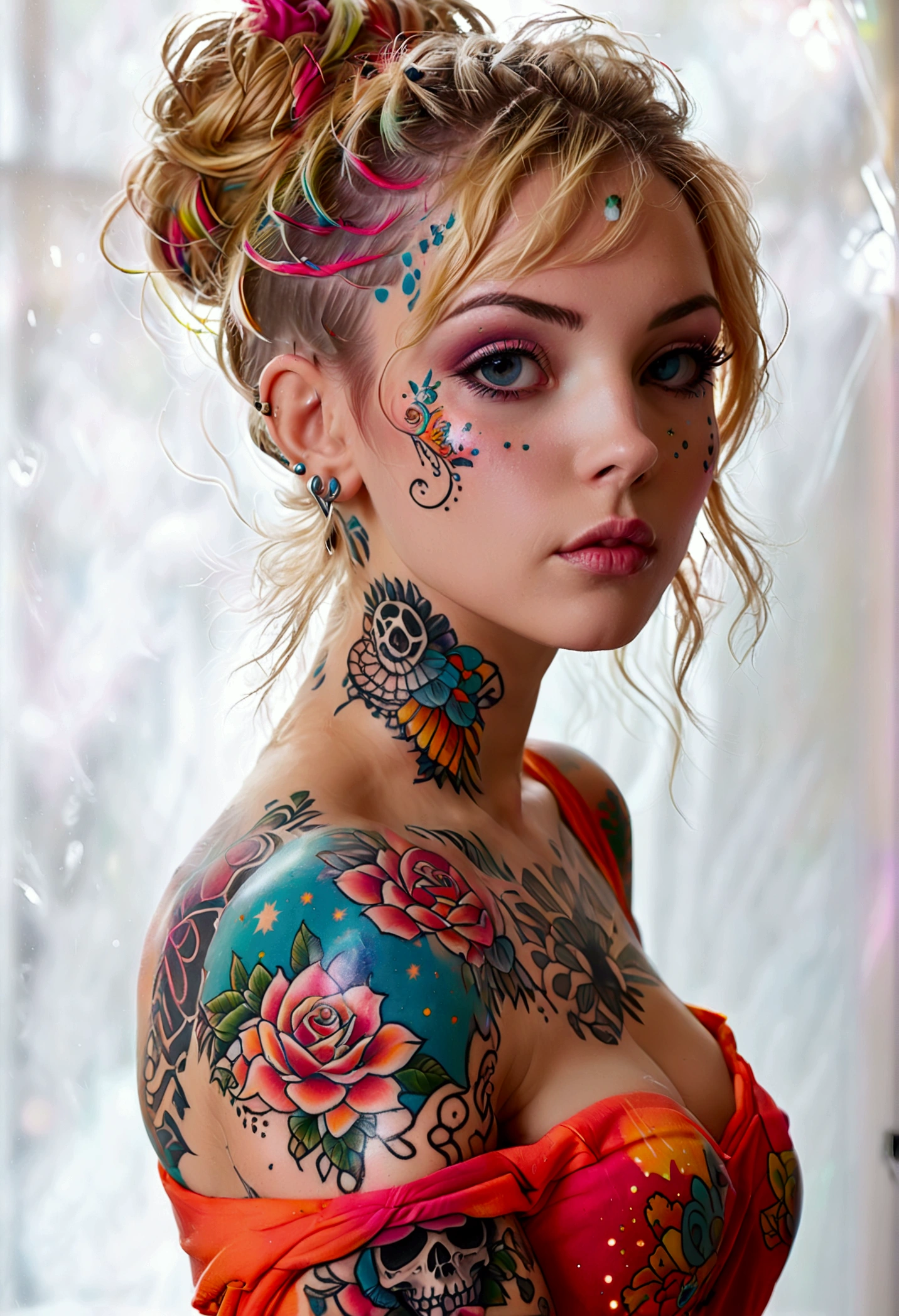 (full length portrait), full body portrait, wide angle, a woman in her late 30s, various poses with arms up or down, soft and rounded facial features, (low rooted breasts:1.4),(lower set breasts:1.4), (pale white skin), (whole body covered in colored skull and outer space themed tattoos), (bright, vibrant, multi-color tattoos:1.4),[flowers/plant tattoos], soaking wet red bodycon dress, (hard pert nipples visible under dress:1.4), honey blonde hair in a messy bun, 8k,masterpiece,ultra-detailed,realistic,photorealistic,vivid colors,studio lighting,extremely detailed tattoos,extremely detailed face and body, [black and grey tattoos]