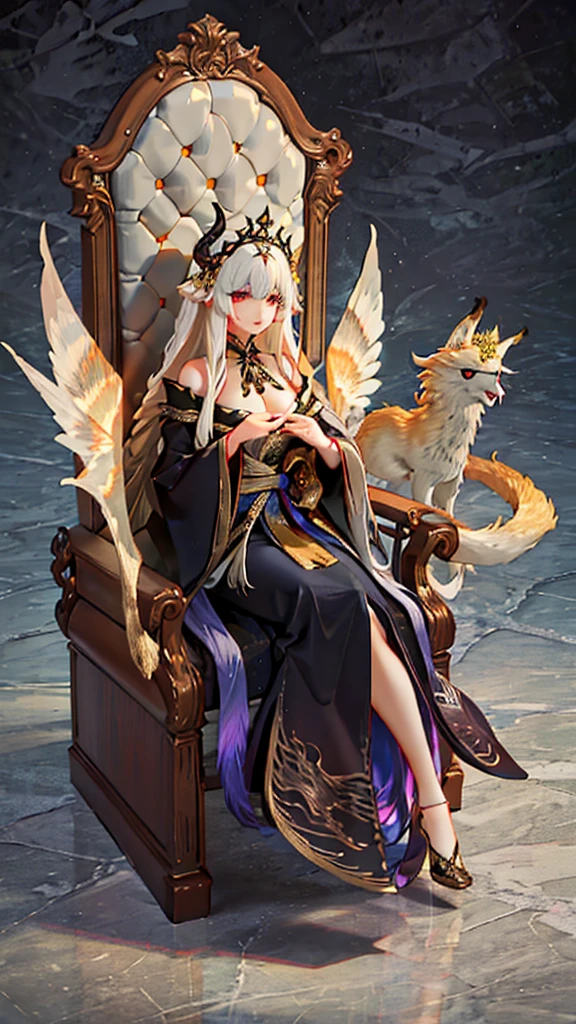 best quality,masterpiece,Ultra-high resolution,(photoactual:4：0),The Golden Palace,A beautiful Eastern nine-tailed fox woman,long hair shawl,Big breasts,thin waist,Wearing a black dragon and phoenix robe,Sitting on the Dragon Throne