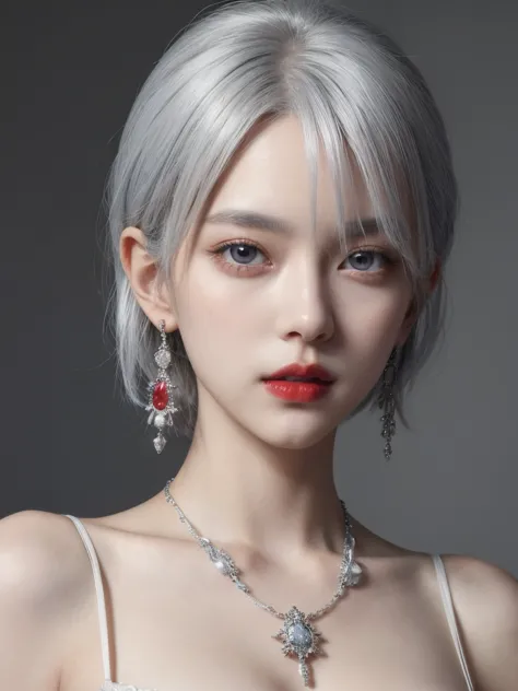 very cool,one person,jewelry,multicolored hair,silver hair,gray hair,alone,necklace,short hair,upper body,earrings,red lips,aver...