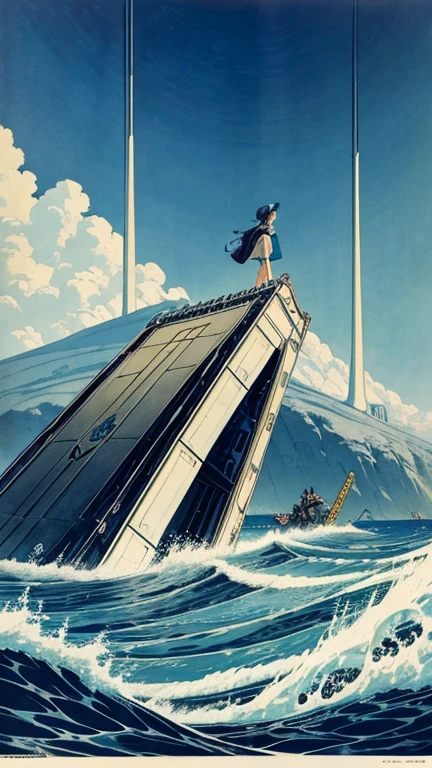 Adolf Born, Renáta Fučíková, Kay Nielsen, Štěpán Zavřel, Shigeru Tamura, Surrealism Mysterious Weird Fantastic Fantasy Sci-fi, Japanese Anime, Miniskirt Flying Beautiful Girl, perfect voluminous body, Giant Washed Up on the Shore Telescope, detailed masterpiece 