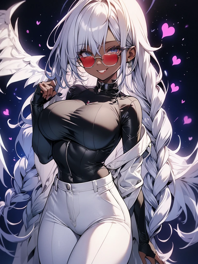 1 woman, silver hair, dark skin, cocky smile, bright green eyes, white business suit, white business pants, tight fit, midium breasts, midium hips, heart shaped sunglass,