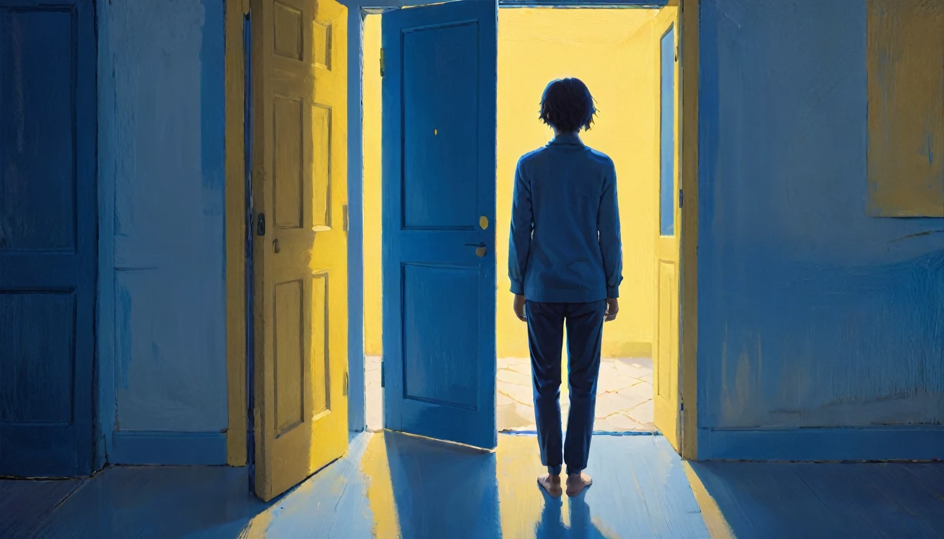 score_9, score_8_up, score_7_up,vncnt style, artwork of a person standing in front of an open door, yellow and blue light contrasting, somber, strong lighting, meaningful, simplistic shape, sharp angles