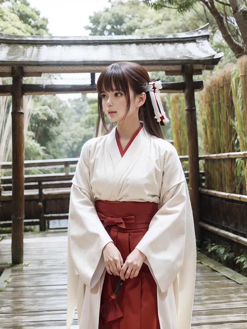 bamboo forest, Bamboo leaves swaying in the breeze, The tranquil Japanese ambiance, woman, alone, bangs, (Shrine maiden), (White kimono), (Red Hakama Skirt),