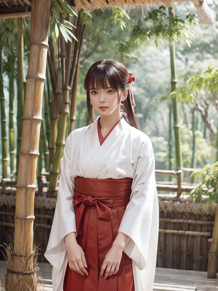 (bamboo forest), Bamboo leaves swaying in the breeze, The tranquil Japanese ambiance, woman, alone, bangs, (Shrine maiden), (White kimono), (Red Hakama Skirt),