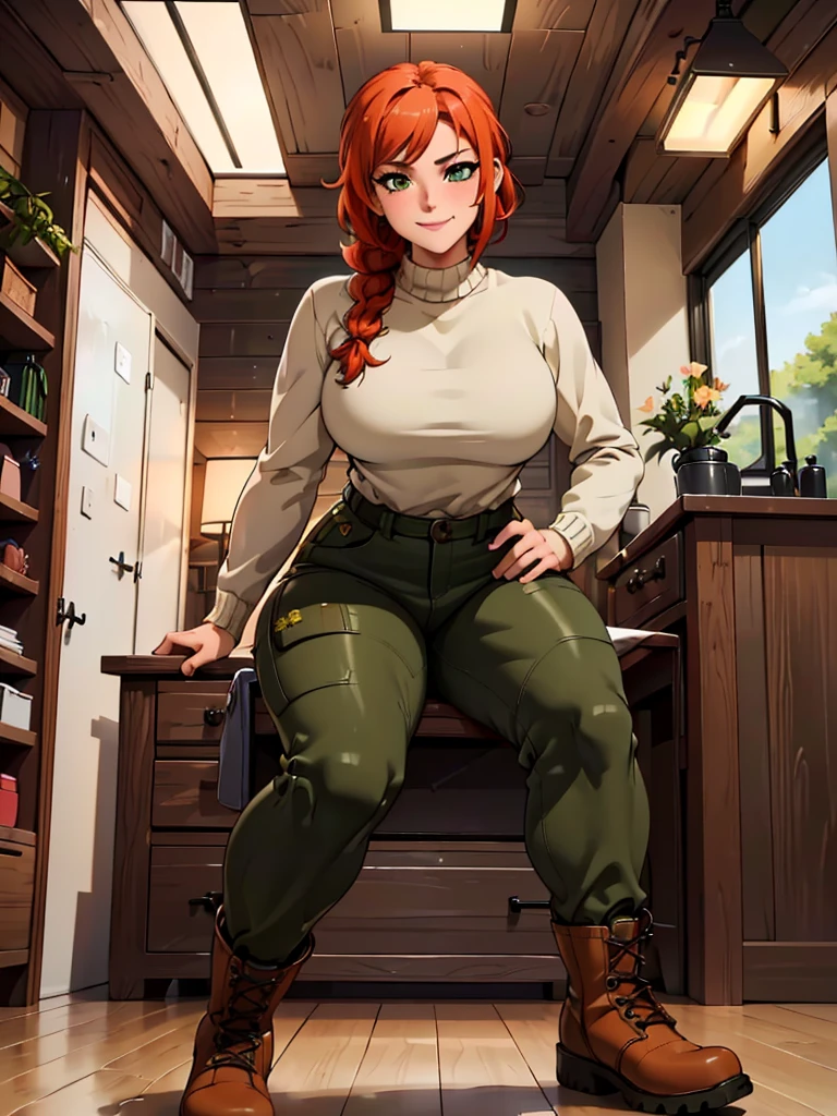 (best quality,4k,8k,highres,masterpiece:1.2),ultra-detailed,realistic:1.37,portrait, very sexy   girl lesbian redhead, braided hair, beautiful green eye, seductive, warm sweater,  camouflage pants, army boots, sandy smiling, cozy lighting, vibrant colors. Futanari, lewd,    night, crotesc ,  erotic 