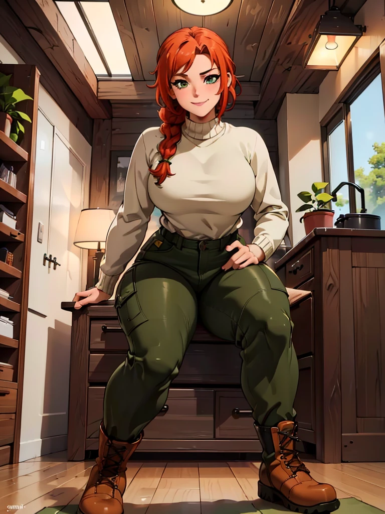 (best quality,4k,8k,highres,masterpiece:1.2),ultra-detailed,realistic:1.37,portrait, very sexy   girl lesbian redhead, braided hair, beautiful green eye, seductive, warm sweater,  camouflage pants, army boots, sandy smiling, cozy lighting, vibrant colors. Futanari, lewd,    night, crotesc ,  erotic 