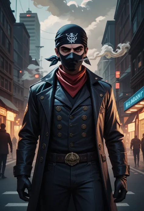 men with bandit bandana s and a woman with bandit bandana on face,coming out of a smokescreen on a city street,wild west,villain...