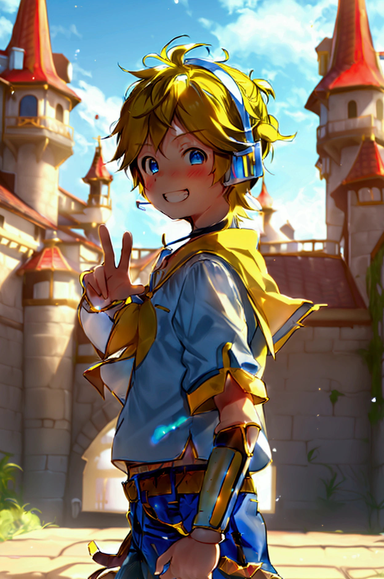 1 boy, (male child), 10 year old, (Kagamine Len), cute, cowboy shot, earphone, sailor uniform, collar tie, shorts, grin, happily grin, full-face blushed, standing in a fantasy castle, giving a V-sign