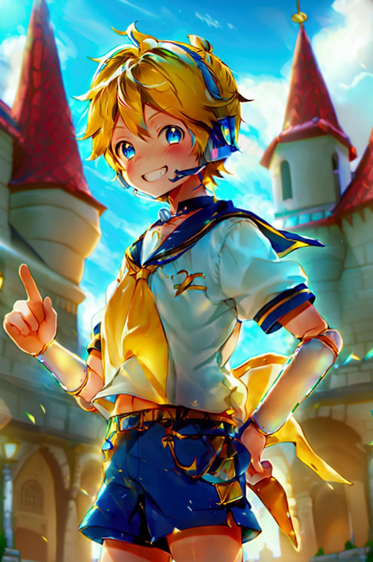 1 boy, (male child), 10 year old, (kagamine len), cute, cowboy shot, earphone, sailor uniform, collar tie, shorts, grin, happily...