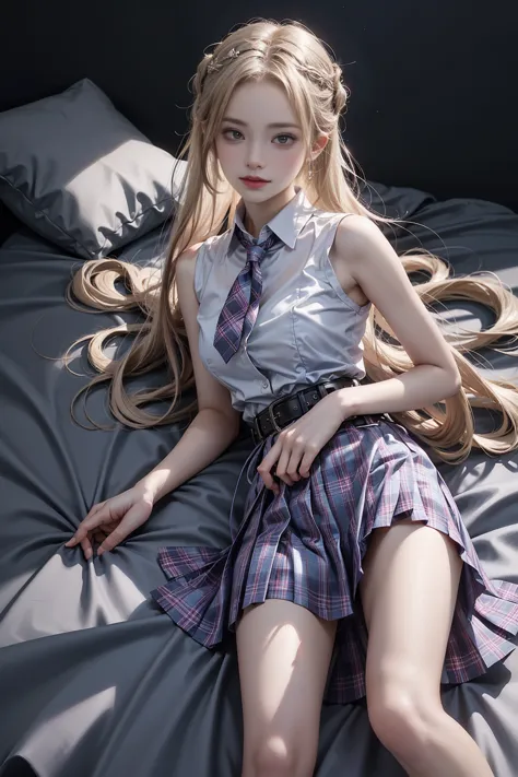 skirt,plaid necktie,belt,plaid skirt,black shirt,bowtie,（(girl lying in bed))、a beautiful and moving woman, in an elegant pose, ...