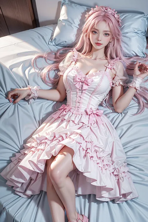 cyb dress, pink dress, frills, see-through short sleeves, wrist cuffs（(girl lying in bed))、a beautiful and moving woman, in an e...