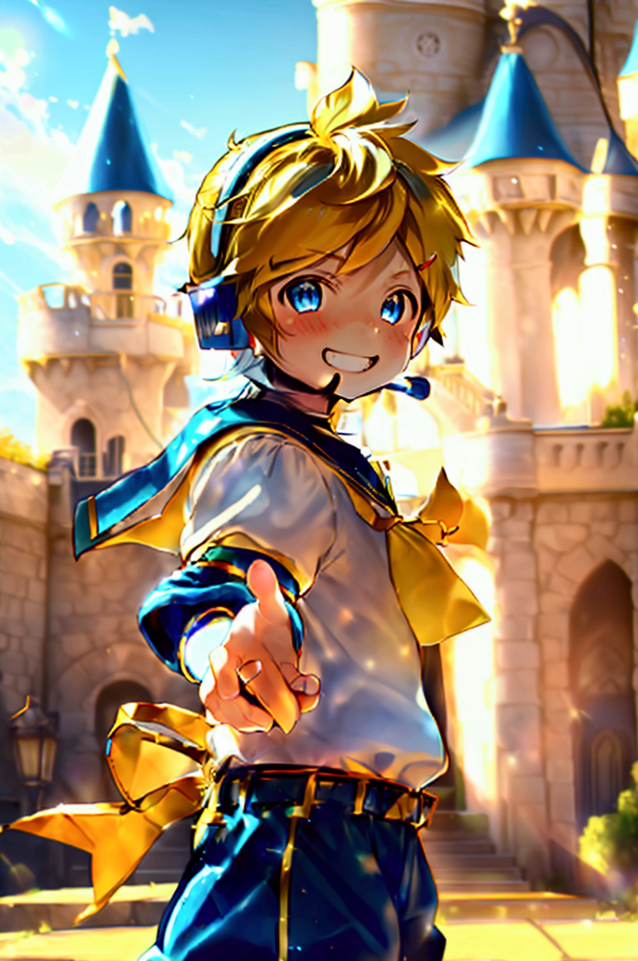 1 boy, (male child), 10 year old, (Kagamine Len), cute, cowboy shot, earphone, sailor uniform, collar tie, shorts, grin, happily grin, full-face blushed, standing in a fantasy castle, giving a V-sign