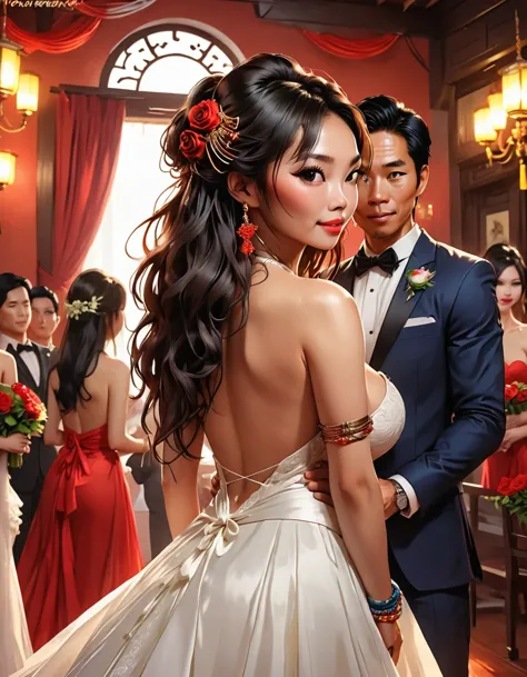 ((masterpiece, best quality, highly dramatic picture,((stripper vietnamese wedding celebration )), cinematic lens effect, ((bust...