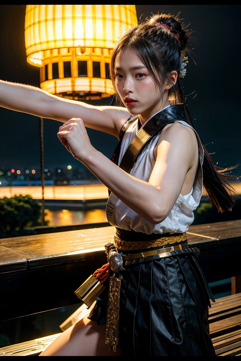 (masterpiece, best quality), A samurai holding a katana sword, light magic, divine,  silver and gold, 4k, dark cityscape, Fujifilm