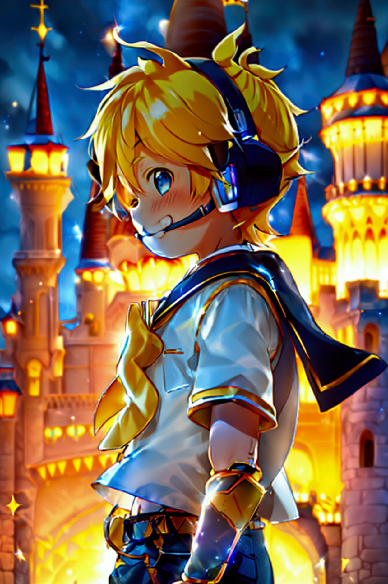 1 boy, (male child), 10 year old, (Kagamine Len), cute, cowboy shot, earphone, sailor uniform, collar tie, shorts, grin, happily grin, eyes closed, full-face blushed, standing in a fantasy castle at night, giving a V-sign