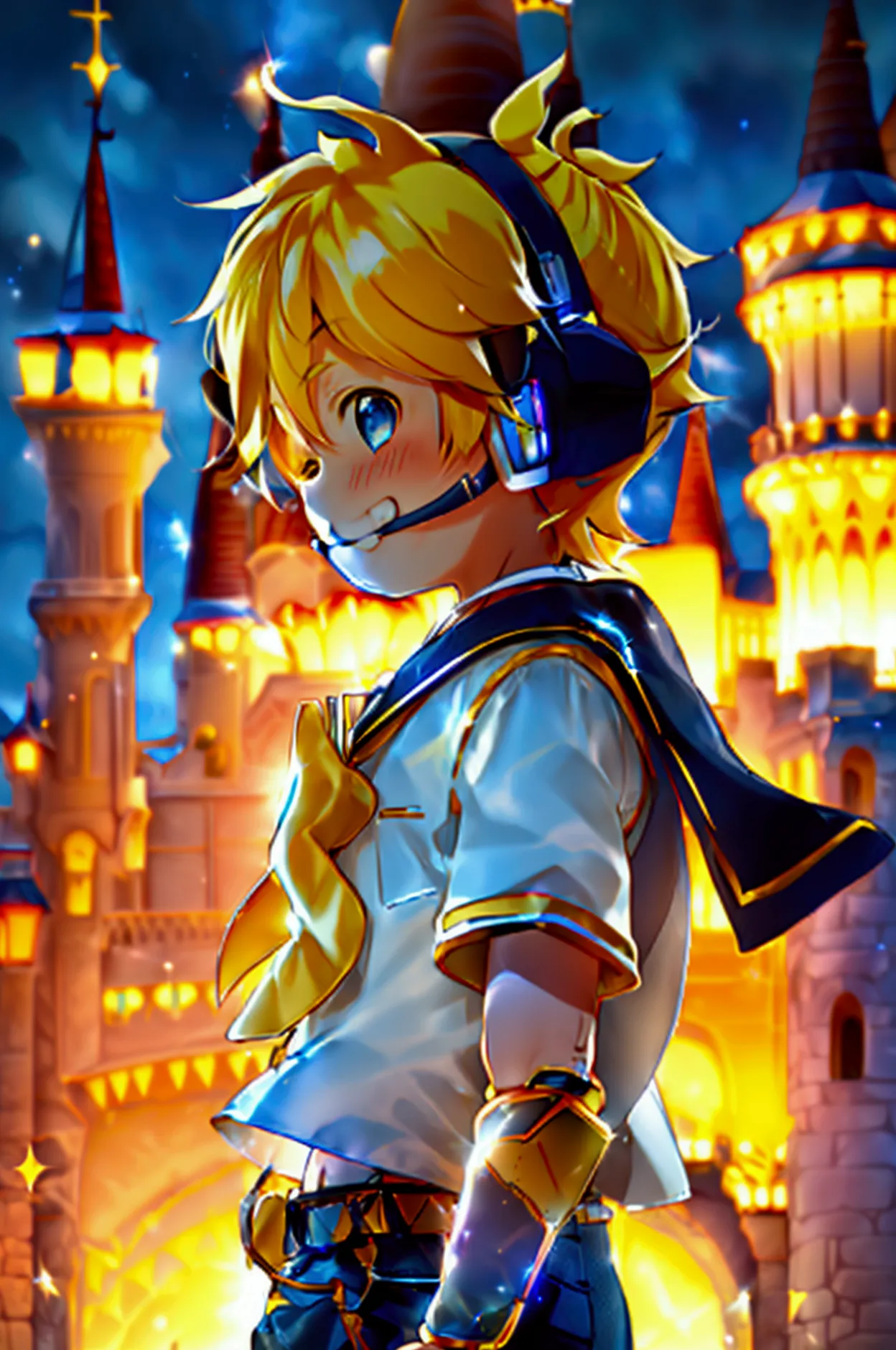 1 boy, (male child), 10 year old, (kagamine len), cute, cowboy shot, earphone, sailor uniform, collar tie, shorts, grin, happily...