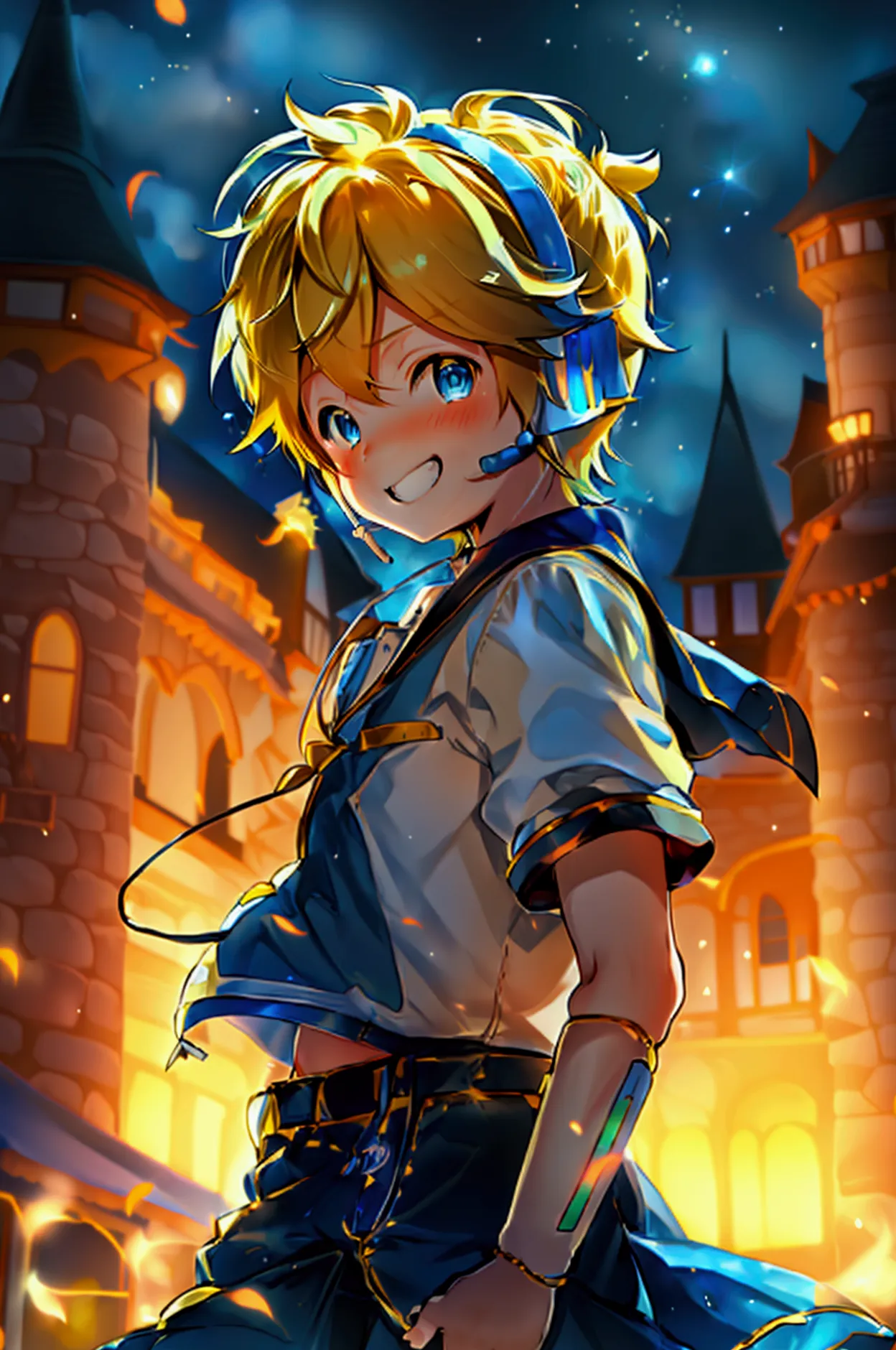 1 boy, (male child), 10 year old, (kagamine len), cute, cowboy shot, earphone, sailor uniform, collar tie, shorts, grin, happily...