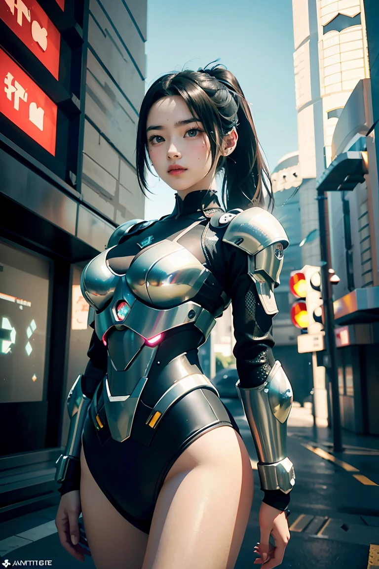 game art，Best picture quality，highest resolution，8ก，((half length photograph))，((Portrait))，(Third rule)，Unreal Engine 5 rendering works， (future girl)，(Female warrior)， 22 year old young hacker)，(ancient oriental hairstyle)，(Beautiful eyes full of details)，(big breasts)，(eyelid)，elegant and charming，indifferent，((frown))，(A battle suit filled with futuristic technology.，The outfit combines futuristic power armor and，The clothes are decorated with glittering patterns and symbols.)，Cyberpunk characters，In the form of the future， Posing for pictures，city background，lamp，Ray Tracing，CG game，((Real 3D engine))，OC rendering format