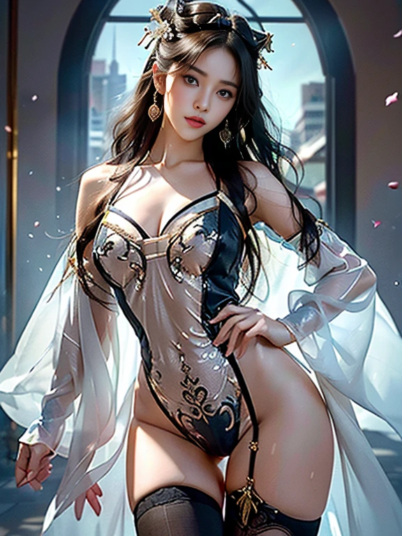 A beauty, (Race:Chinese),((night, High-floor suite with floor-to-ceiling windows, Atmosphere, Fascinating lighting)), (8K Ultra HD, 8K, Ultra-high resolution, best quality, masterpiece, Surrealism, Digital SLR Camera, Soft Light, Bokeh, Masterpieces), ((((Beautiful model-like face))), ((Creating the image of a real girl)), warm light, Realistic shadows, Dynamic poses, Elegant Posture, Cowboy lens, Full body front view, Be confident, Body facing the camera, Stand with your legs slightly apart, Expose, Golden Ratio Graphics, Minimalism, Center the character), (Happy smile, Big watery eyes, Cherry Blossom, Balanced Eyes, Perfect beautiful face, Normal facial features, Realistic skin, Attention to skin details, Skin is clean and radiant, Anatomically correct body, Sexy身材, cosmetic, Gloves, earrings, bracelet, necklace, Jewelry, veil, Hair accessories, Headdress, shawl, coat), ((beautiful hair), Dark brown hair, Big wavy curly hairstyle, Waist-length hair, Messy Hairstyle, Gradient hairstyles, Cyberpunk hairstyle), ((Transparent clothes：1.5), (Color of clothes: Dreamy powder blue), Transparent Clothes, See-through clothes, Tulle clothes, Mesh clothes, Transparent sci-fi Hanfu, Shiny micro bikini bra, (Clothes that accentuate your bust shape)), (Sexy的, Perfect breast shape, Teardrop chest shape, Snow-white breasts, very detailed breasts, 36C cups), (Tempting, Super high waist, Deep V, Low-cut, Sexy, Flattering, Open crotch, (Camel toe, High fork strangulation)), (sock, Knee socks, 吊garter, Leg ring, garter, 腿部garter), (style:Sexy,Mature), (Wet body:1.0) , (Wet clothes:1.0),