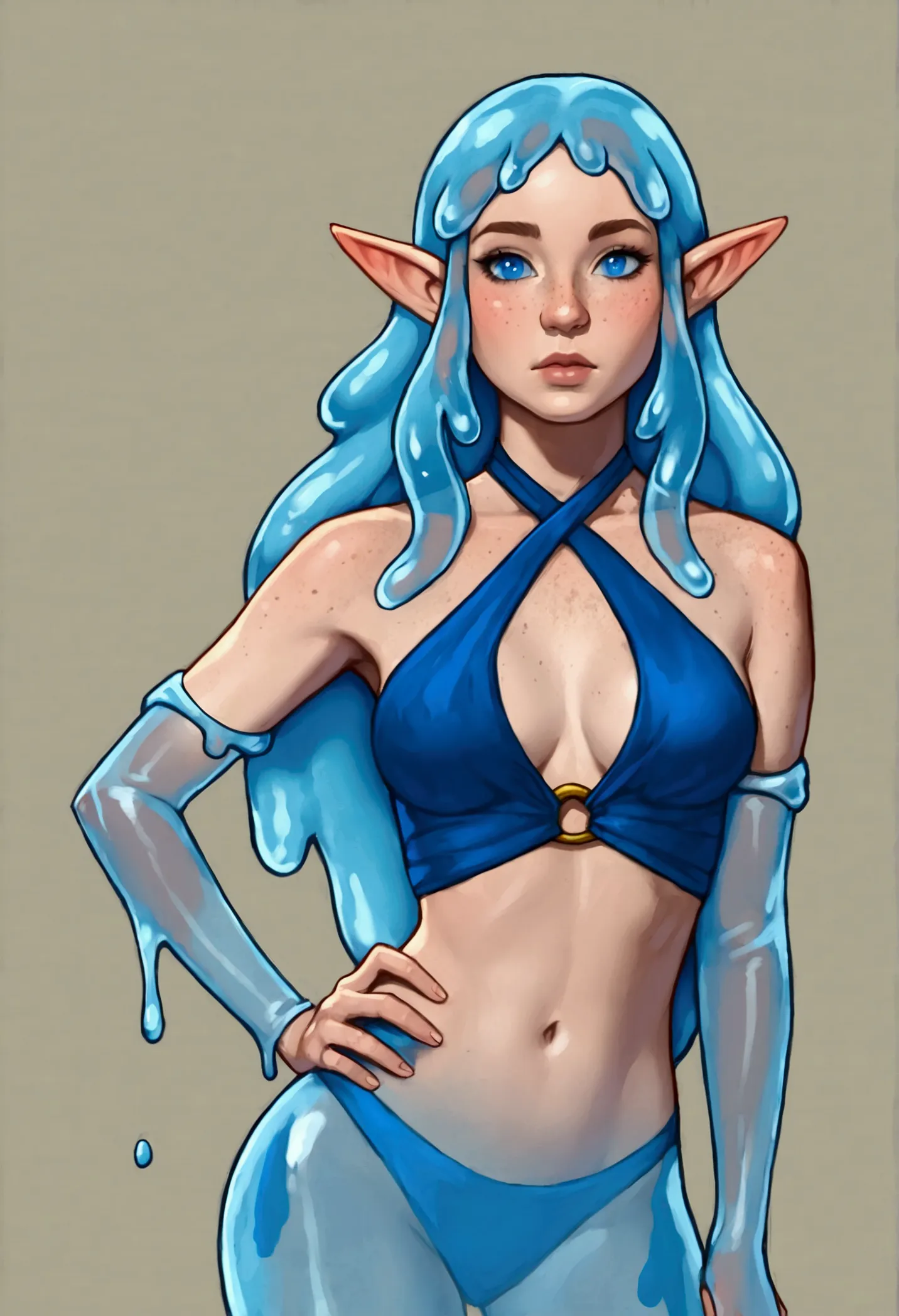 slime girl, solo, 1girl, pointy ears, ((blue eyes, long hair, freckles across nose)), (light blue halter top, jewelry), cavern e...