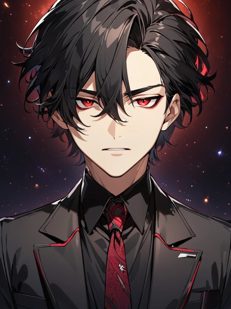 (black_hair), (short_male_hair), (deep_red_eyes), (high_detailed_eyes), (attractive), (emotionless), (Deep_space_background), (male), (wearing _a_black_suit), (detailed_Hair), (detailed), (detailed_mouth), (close_up), (vertical_slit_pupils),mature adult man,square jaw,narrow eyes,hair between eyes 