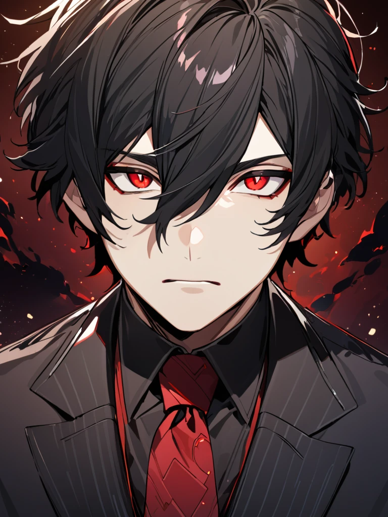 (Disheveled black_hair), (short_male_hair), (deep_red_eyes), (high_detailed_eyes), (attractive), (emotionless), (Deep_space_background), (male), (wearing _a_black_suit), (detailed_Hair), (detailed), (detailed_mouth), (close_up), (vertical_slit_pupils),mature adult man,square jaw,narrow eyes,hair between eyes,curious,interested