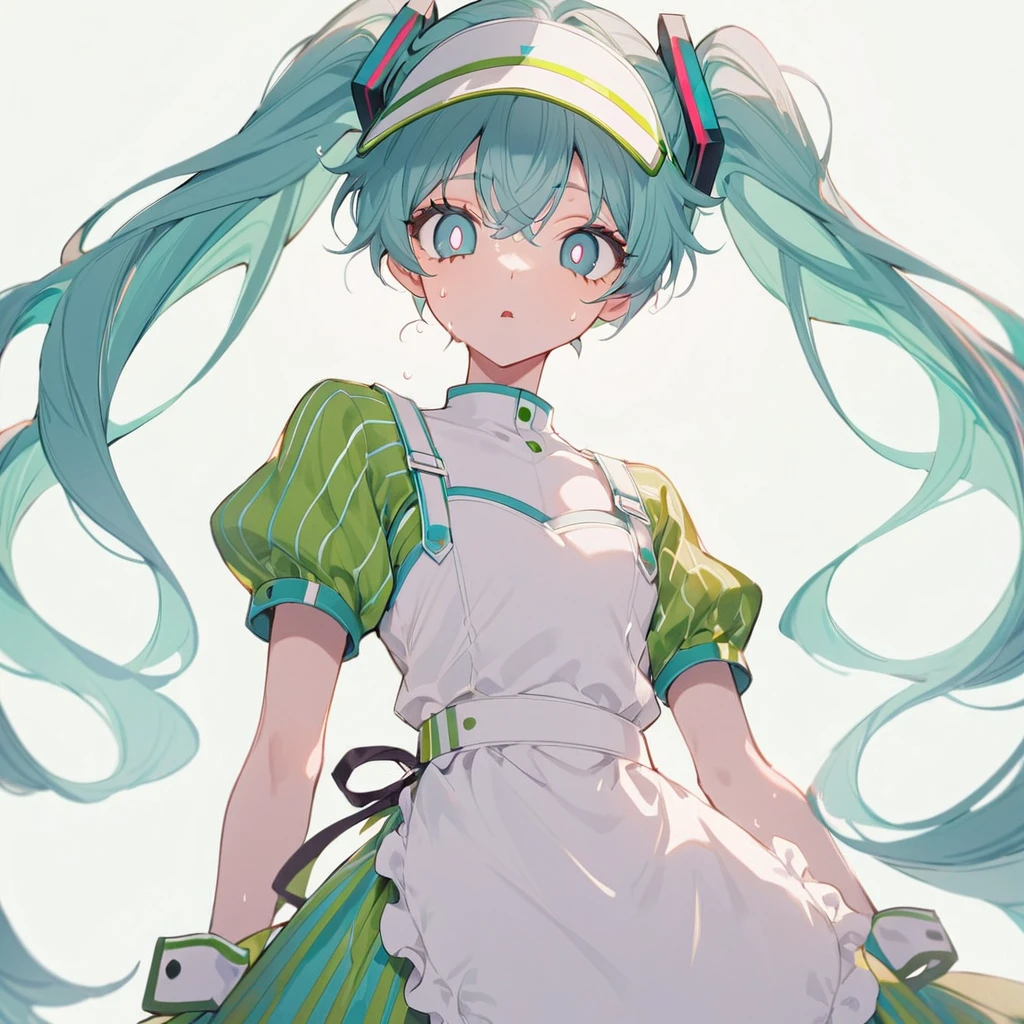 , cute,style5,, ,score_9, score_8_up, mikumesmerizer, hatsune miku, vertical-striped dress, waist apron, sharp teeth, visor cap, open mouth, tongue, empty eyesbest quality, masterpiece, 1girl, 独奏, mikunormal, hatsune miku, blue vertical-striped dress, waist apron, visor cap, wrist cuffs, (((sweating))), (((((white pupils))))), Blue eyes, ((empty eyes)), (((expressionless))), (parted lips), looking at viewer, standing, arms at side, (face focus),((((simple vivid green background)))), ((depth of field)), (((dutch angle))), (dark), [[[shaded face]]], puffy short sleeves, , White Background