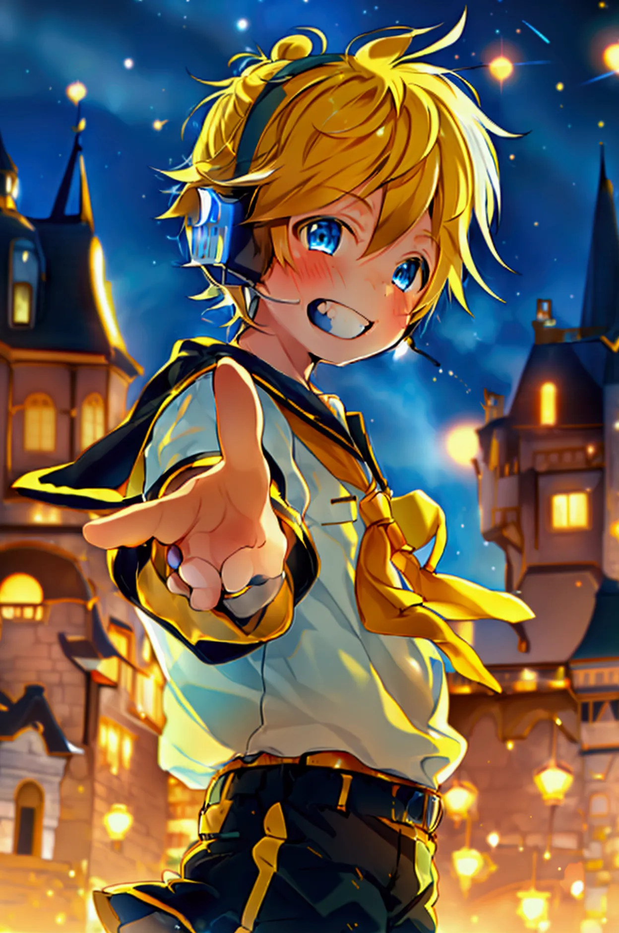 1 boy, (male child), 10 year old, (kagamine len), cute, cowboy shot, earphone, sailor uniform, collar tie, shorts, grin, happily...