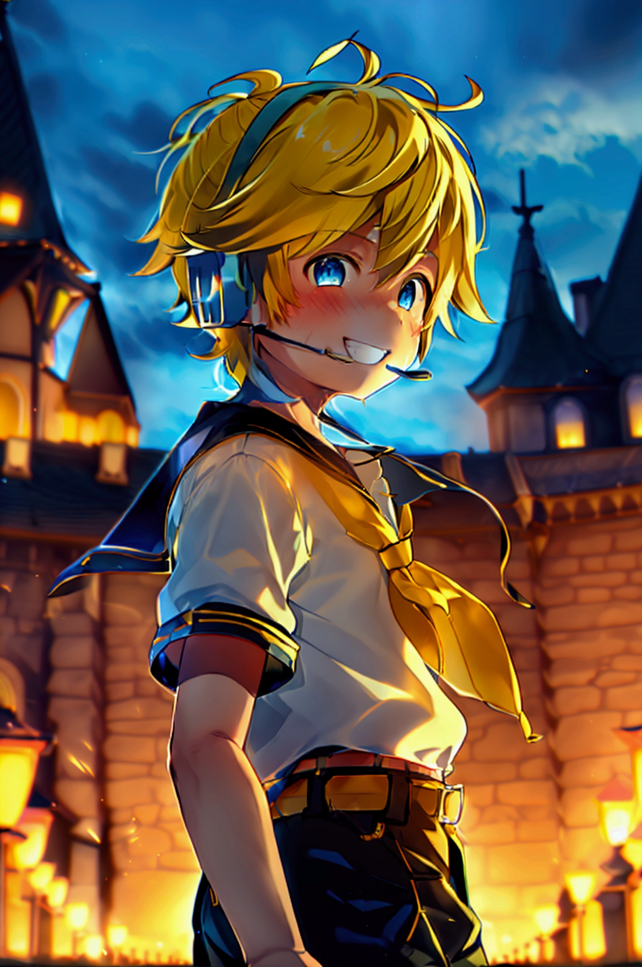 1 boy, (male child), 10 year old, (Kagamine Len), cute, cowboy shot, earphone, sailor uniform, collar tie, shorts, grin, happily grin, eyes closed, full-face blushed, standing in a castle at night, giving a V-sign